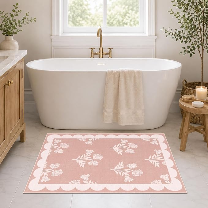 Pink Boho Bathroom Rug - 2x3 Scalloped Floral Girls Bedroom Rugs Soft Boho Runners for Hallways Small Accent Throw Rugs for Bedroom Entryway Kitchen Laundry Room Powder Room Dorm Bedside