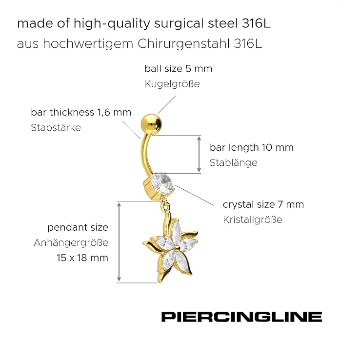 PIERCINGLINE Belly Button Piercing CRYSTAL FLOWER PENDANT surgical steel, safe