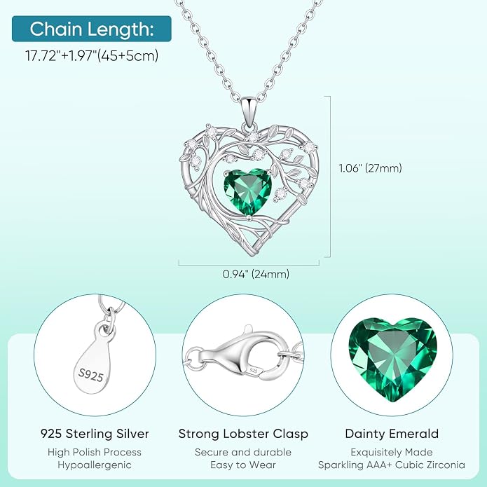 Tree of Life Birthstone Pendant Necklace - 925 Sterling Silver Heart Cubic Zirconia Diamond Women Pendant Necklaces for Her Daughter Girlfriend Birthday Gift Ideas for Wife Mom for Valentines Day