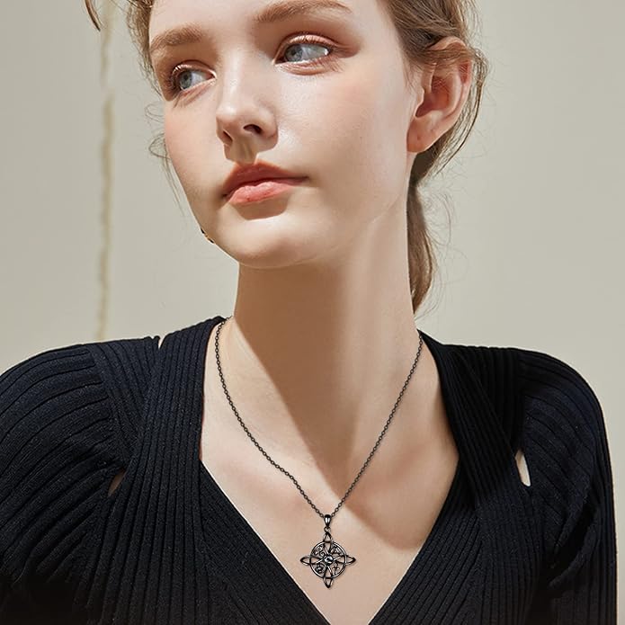 YAFEINI Sterling Silver Witches Knot Pendant Necklace - Celtic Cross Witch Jewelry Amulet Gifts for Women