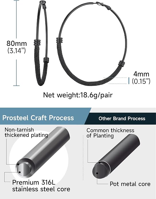 PROSTEEL 30/40/60/80/100mm Chunky Hoop Earrings For Women Gold Plated/Black Stainless Steel Hoops Earrings Statement Jewelry