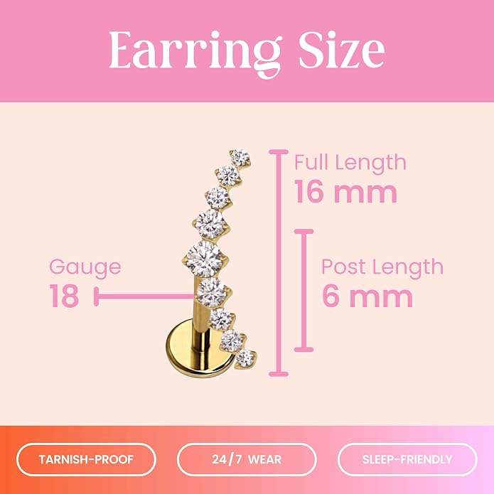 Cords Club Crystal Ear Climber Flat Back Stud – ASTM-F136 Implant Grade Titanium - Push Pin Design for Sensitive Ears (Single Earring)