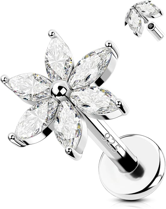 OUFER 16G Flower CZ Internally Threaded Flat Back Helix Stud 925 Sterling Silver 6/8mm Cartilage Tragus Nose Conch Daith Labret Medusa Piercing Jewelry