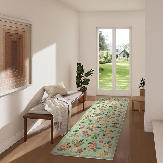Washable Runner Rug Non Slip: 2x6 Kitchen Rug Low Pile Soft Faux Wool Non Shedding Lightweight Distressed Vintage Floral Floor Carpet Runners for Hallways Entryway Bedroom Laundry Farmhouse Office