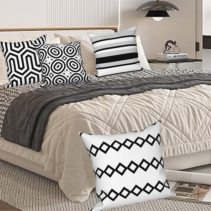 Black White Geometric Throw Pillow Cover 24"x24" Set of 4, Modern Minimalist Irregular Stripes Cushion Cover for Sofa Chair Couch Bed Office Garden Patio Farmhouse Indoor Outdoor