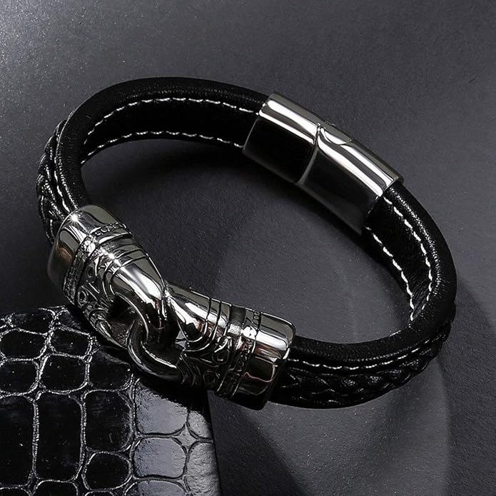Mens Leather Bracelet,Braided Leather Wristband Cuff Bracelets Stainless Steel Clasp,Jewellery Gift for Men