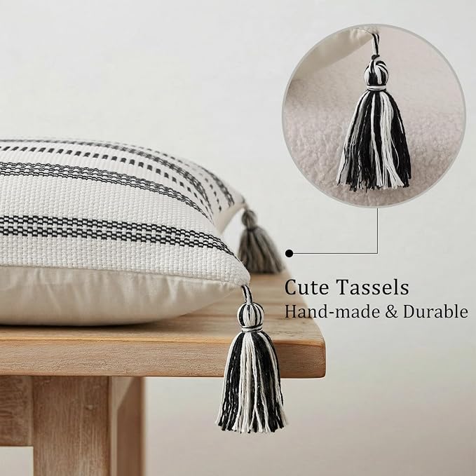 Smile Bee Boho Outdoor Couch Throw Pillow Covers Set of 2, Decorative Thick Woven Striped Accent Neutral Pillow Covers with Tassels for Bed Sofa Home Decor, 20x20 Inch, Black and Cream White | Woven Cozy Boho Decorative Modern Farmhouse Accent Pillow C...