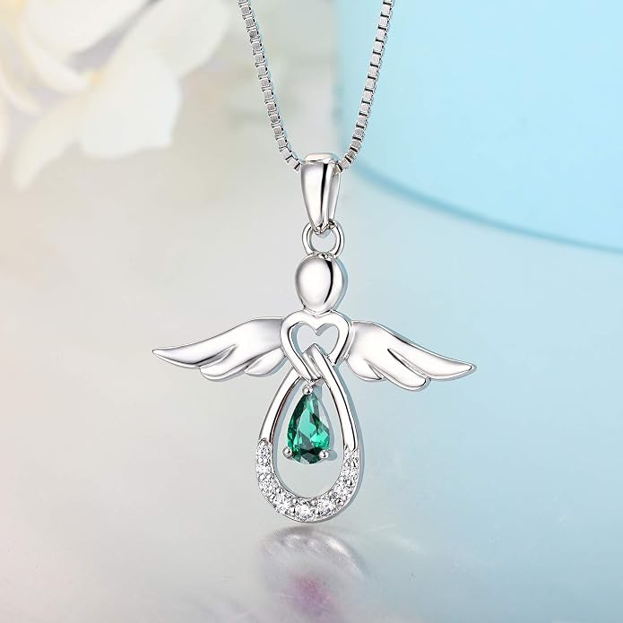 FJ Guardian Angel Necklace 925 Sterling Silver Birthstone Pendant Angel Jewelry Gifts for Women