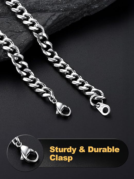 U7 Cuban Link Chain Necklace, Stainless Steel/Black/Gold Plated Chunky Curb Chain Necklace for Men Women, 14-30 Inches, 3/6/9/12 mm Width