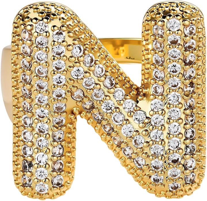Cicy Bell Initial Rings for Women 14k Gold Plated Cubic Zirconia Delicate Letter Chunky Statement Open Rings Gifts for Her