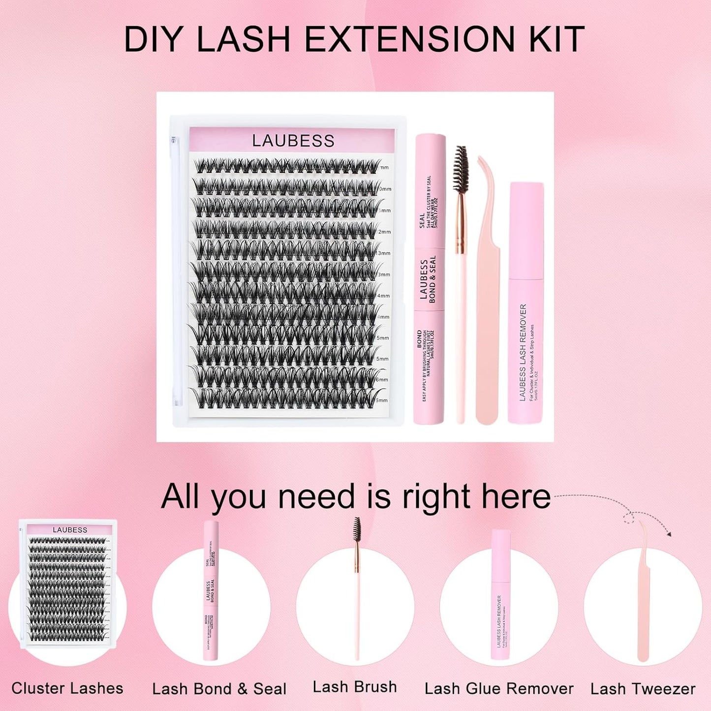 Lash Extension Kit LAUBESS Lash Clusters Kit Cluster Eyelash Extensions Kit Eyelash Clusters Lash Bond and Seal Waterproof Tweezers Brush Lash Glue Remover (Kit 40D-C-Mix8-14)