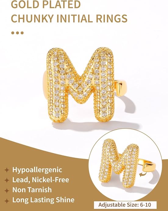 FindChic Initial Ring for Women, Gold Plated Chunky Letter Rings Open Adjustable Trendy Sparkling Cubic Zirconia Personalized Statement Rings Jewelry Gift