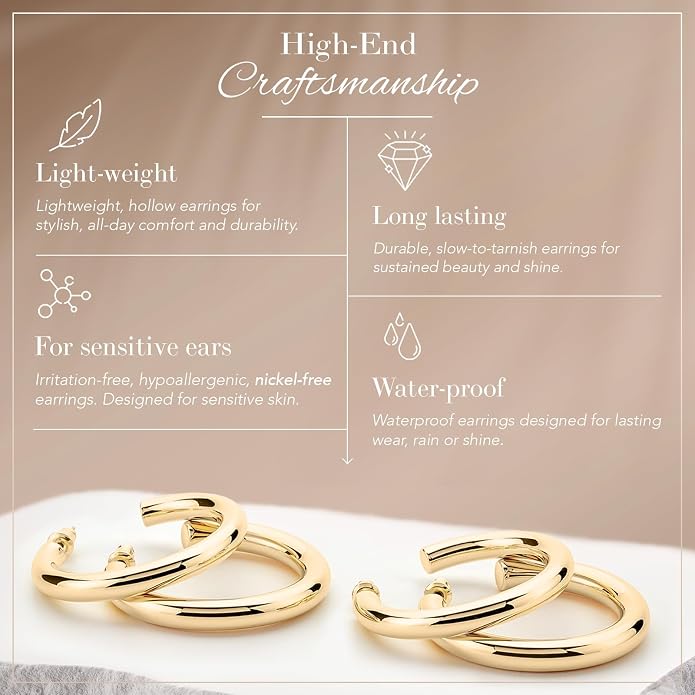 14K Gold-Plated, Lightweight, Open Hoop Earrings For Women