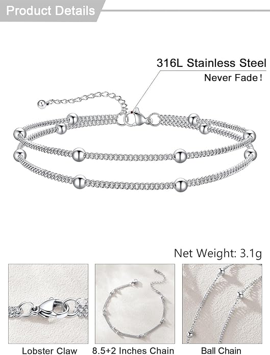 U7 Silver/Gold Ankle Bracelets for Women Layered Chain Anklets Stainless Steel Waterproof Summer Beach Anklet Cham, Adjustable 8.5"-10.5"