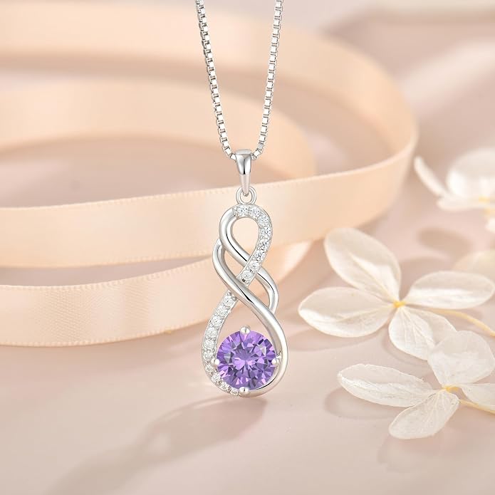 Gemstone Infinity Pendant Necklaces for Women, S925 Sterling Silver Round cut Zircon Necklace Birthstone Jewelry Gift for Her
