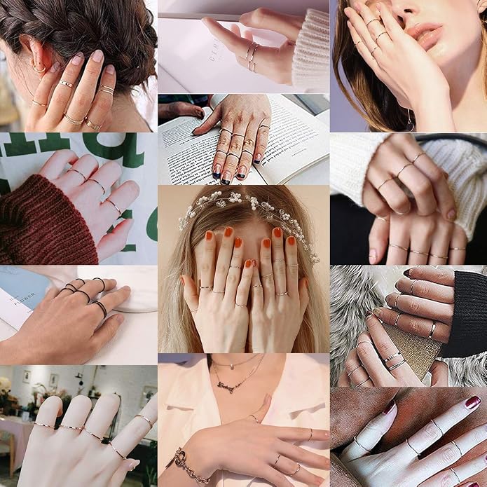 FOCALOOK 28 PCS Knuckle Ring Set 1MM Stainless Steel Women's Thin Plain Band Stacking Midi Finger Rings Set Comfort Fit Silver/Black/Gold/Rose Tone Size 4-10