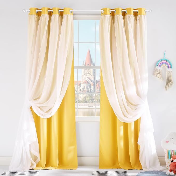 PONY DANCE Blackout Curtains - Curtains 84 inches Long with Sheer Overlay Nursery Panels for Bedroom/Living/Dining Room, 52 W by 84 L, Lemon Yellow, 2 Pieces
