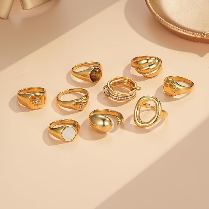 YeGieonr Gold Signet Rings for Women Non Tarnish Gold Rings, Waterproof Gemstones Statement Ring, 18K Gold Plated Stainless Steel Gem Stone Jewelry Gift for Everyday Wear