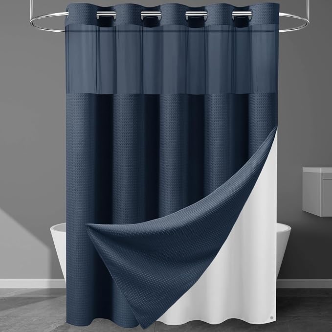 EUTXL Heavyweight Navy Blue Long No Hook Shower Curtain with Snap in Liner,256GSM Waffle Weave Shower Curtains for Bathroom,71W x 86H