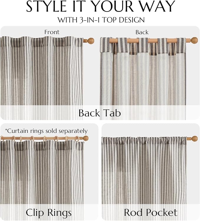 jinchan Linen Curtains 96" Charcoal Grey Stripe on Beige Back Tab 2 Panels | Curtains For Living Room Bedroom,Ticking Stripe, Farmhouse Cottage Core Rustic,Rod Pocket Window Treatment,Light Filtering