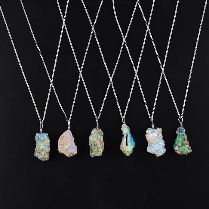 Raw Ethiopian Fir Opal Pendant Necklace for Women, Dainty Pendant, Handmade October Birthstone, Hypoallergenic Spiritual Healing Stone 925 Sterling Silver Chain 20" Birthday Gifts