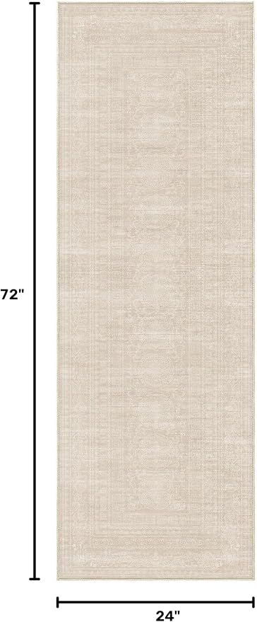 Nakagishi Washable Runner Rug 2x6: Vintage Neutral Non-Slip Entryway Rug for Hallway & Kitchen, Soft Low Pile Floor Carpet for Bedroom - Beige