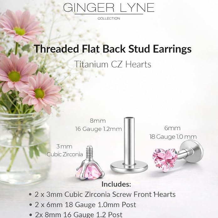 Titanium Heart CZ Labret Stud Earrings for Piercings by Ginger Lyne 6Pc Set G23 Screw Front Flat Back Body Jewelry 2 pair post 6mm, 8mm Cartilage, Helix, Tragus, Lip, Conch, Lobe