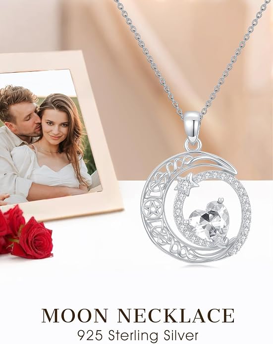 Dorunmo Heart Birthstone Necklace for Women 925 Sterling Silver Moon and Star Pendant Birthday Jewelry Gifts for Wife Her Daughter Mom