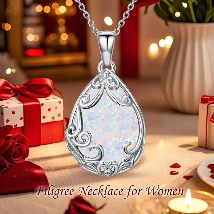 HPQQ Teardrop Necklace 925 Sterling Silver Filigree Gemstone Pendant Necklace Fine Jewelry Birthday Mother's Day Gifts for Women Her Mom
