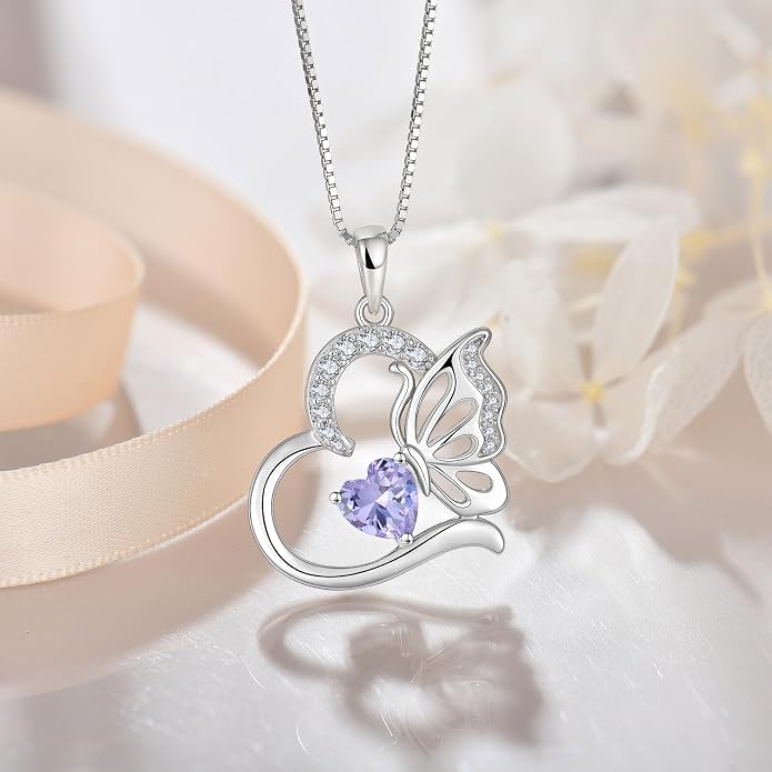 Butterfly Necklace for Women 925 Sterling Silver Heart Pendant Birthstones Jewelry Gift