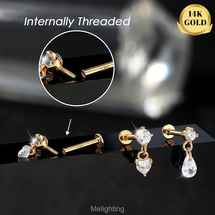MeIighting 14K Solid Gold Helix Earring Clear CZ, Dangle Internal Thread Flat Back Earring, Teardrop Heart Round Cartilage Tragus Conch Piercing Jewelry for Women 6/8 mm