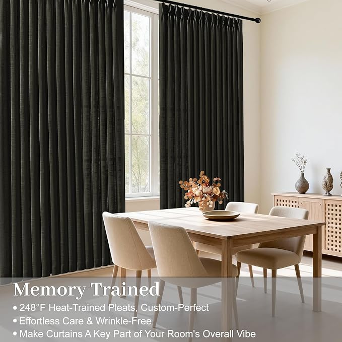 IVAPUPU Black Pinch Pleated Curtains 96 Inches Long for Living Room, Semi Sheer Privacy Linen Curtain Memory Trained Back Tab Drapes with Hooks Rings for Farmhouse Dining Room, 2 Panels, W40xL96