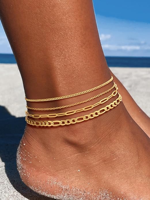 U7 2Pcs/3Pcs Ankle Bracelets for Women, Stainless Steel Cuban Link/Figaro/Rope/Heart Chain Anklets Sets,Waterproof Layered Anklets Adjustable 8.5"-10.5"