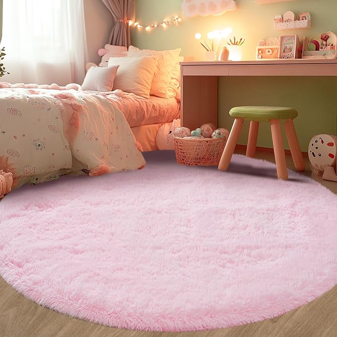Pink Round Rug for Living Room: 6x6 Feet Shag Area Rugs for Living Room- Ultra Soft Fluffy Furry Girls Bedroom Carpet- Plush Rugs for Girls & Kids Room, Home Decor (6ft, Pink)