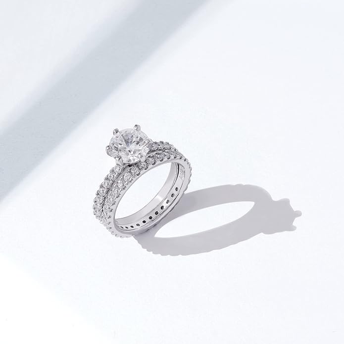 Amazon Essentials Platinum or Gold Plated Sterling Silver Round Ring Set made with Infinite Elements Zirconia