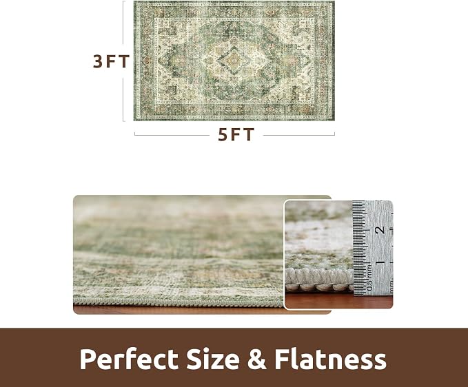 AMOAMI-3X5 Area Rug-Soft Washable Vintage Throw Accent Rugs for Living Room, Entryway, Bedroom, Kitchen, Bathroom, Laundry Room, Kitchen, Bathroom, Bedside, No Slip Green
