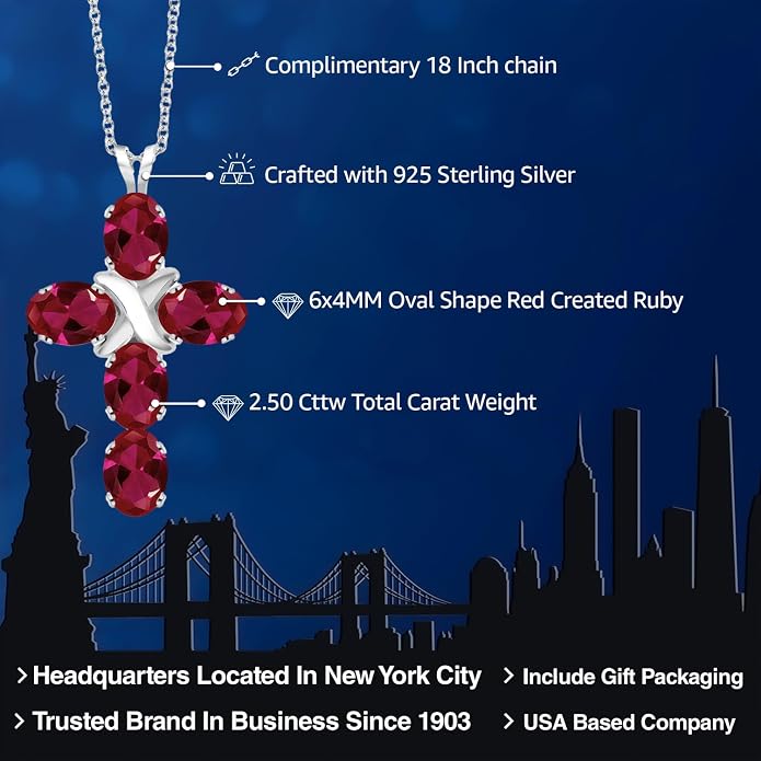 Gem Stone King Cross Pendant Necklace for Women | 925 Sterling Silver | 6X4MM Gemstone Birthstone | Jesus Christian Religious Crucifix Jewelry Gifts | 18 Inch Chain