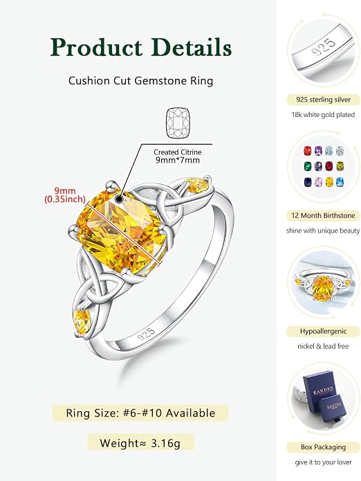 925 Sterling Silver Birthstone Rings for Women Cushion Cut Engagement Celtic Knot Ring Irish Jewelry Created Gemstone Anniversary Rings Size 6-10(with Box)