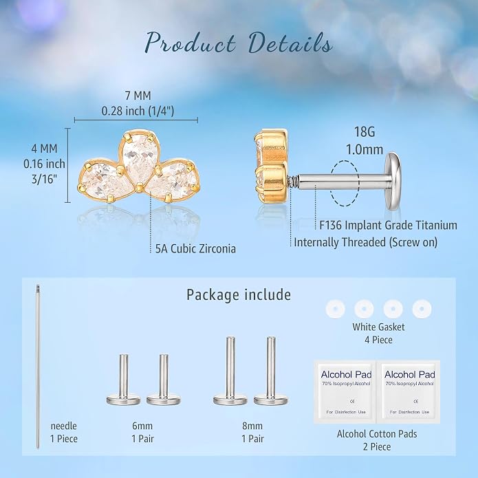 Limerencia 2Pcs 18g Titanium Internally Threaded Tragus Piercing Jewelry Nose Studs Flat Back Earrings Labret, Lip, Helix, Cartilage, Conch, Medusa Piercing for Women Men Sensitive Ears