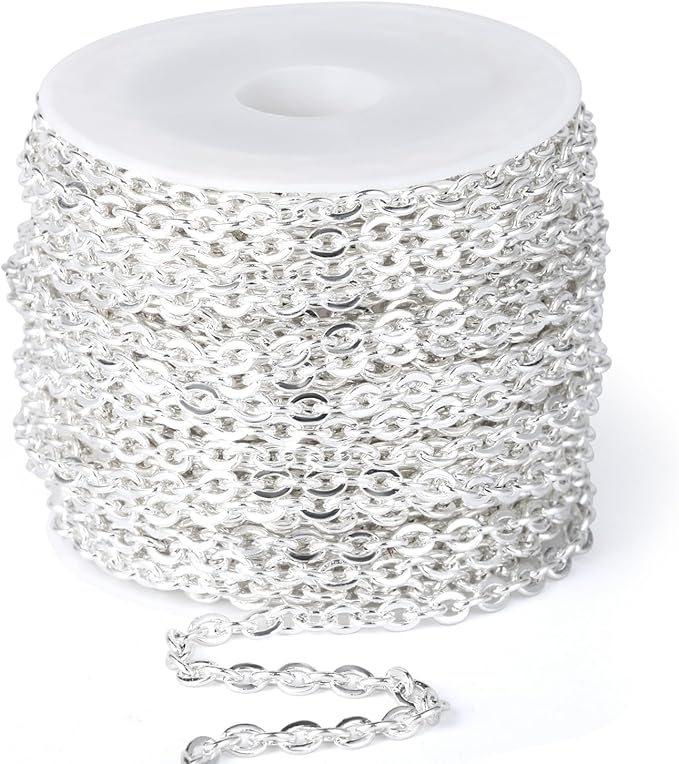33 Feet Silver Plated Stainless Steel Cable Chain Bulk, 3mm 304 Stainless Steel Silver Flat Cable Link Chains Roll Spool for Jewelry Making Necklace DIY Craft