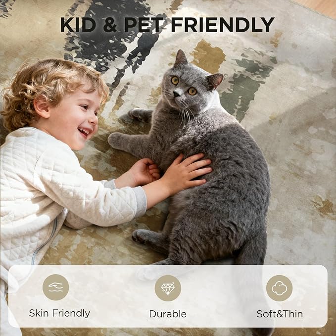 Joydeco 6x9 Area Rugs for Living Room, Non-Slip Modern Abstract Soft Washable Rug, Low Pile Carpet for Bedroom, Dining Room, Home Office, Pet & Child Friendly, White &Beige & Dark Gray