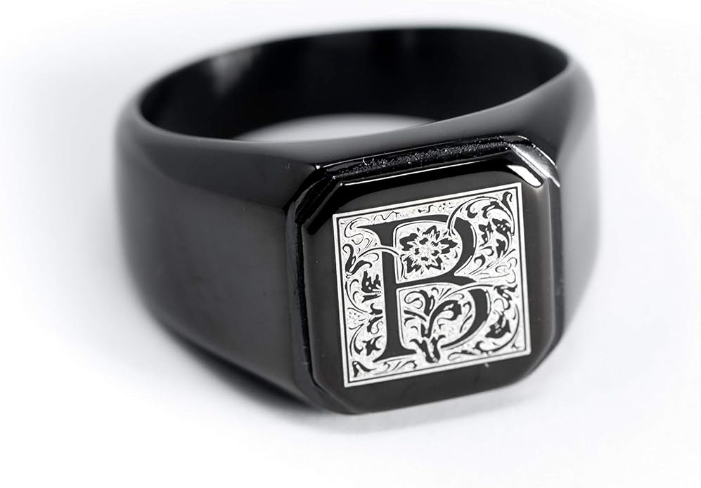 Jewelry | Stainless Steel Letter Alphabet Initial Ring | Square Flat Top Ring for Men & Women | Stainless Steel Jewelry, (Black, Gold, Silver), Size 7-16