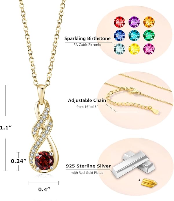 Birthstone Necklaces for Women 925 Sterling Silver Infinity Pendant Created Gemstone Jewelry for Her, 16"+2"