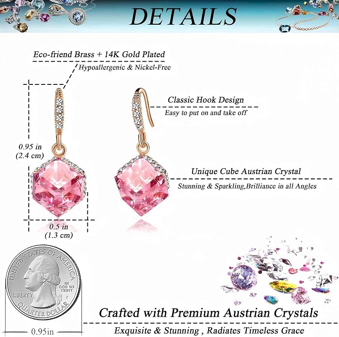 Austrian Crystal Cube Drop Dangle Earrings for Women 14K Gold Plated Hypoallergenic Jewelry