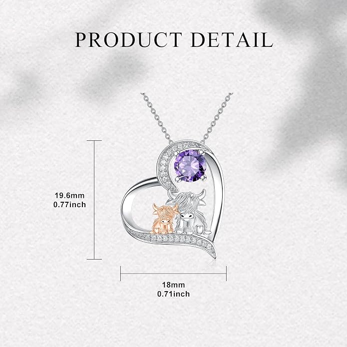 Highland Cow Gifts for Women 925 Sterling Silver Highland Cow Birthstone Necklace Fluffy Cow Jewelry Gifts Birthday Christmas