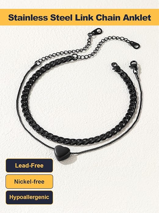 U7 2Pcs/3Pcs Ankle Bracelets for Women, Stainless Steel Cuban Link/Figaro/Rope/Heart Chain Anklets Sets,Waterproof Layered Anklets Adjustable 8.5"-10.5"