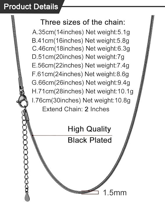 U7 Snake Necklace for Women 14K Gold Plated/Silver/Rose Gold/Black Chain Necklace Hypoallergenic, Stainless Steel Tiny Snake Chain Necklace 1/1.2/1.5/2MM, 14-30" Adjustable Minimalist Gift