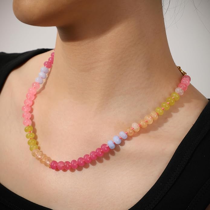 LALAPPLE Colorful Beaded Gemstone Necklace for Women, Boho Rainbow Bead Choker with Natural Stone Crystal Beads, Handmade Summer Beach Necklace Jewelry