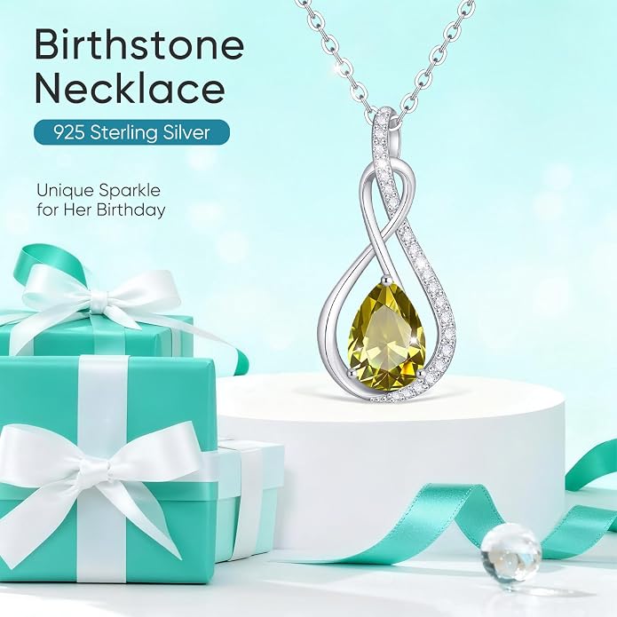Birthstone Necklaces for Women Mothers - 925 Sterling Silver Dainty Infinity Cubic Zirconia Pendant Necklace Anniversary Birthday Christmas Gifts for Her Wife Mom Lady Daughter, Adjustable Chain