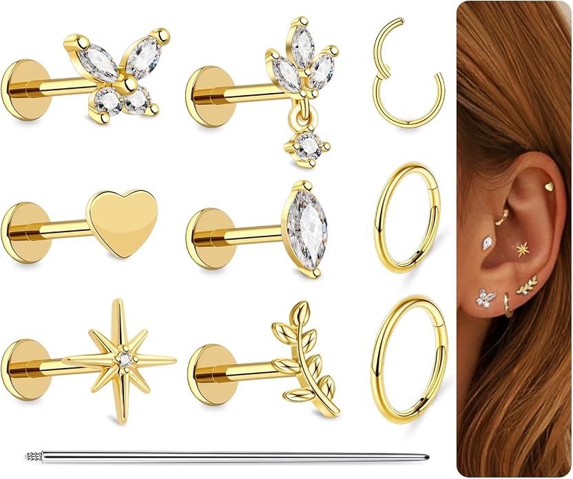 G23 Titanium 10Pcs 16G/18G Stud Earrings Flat Back Tragus Cartilage Earrings Rings Hoops CZ Butterfly Flower Leafage Heart Stud Labret Conch Helix Piercing Jewelry Set